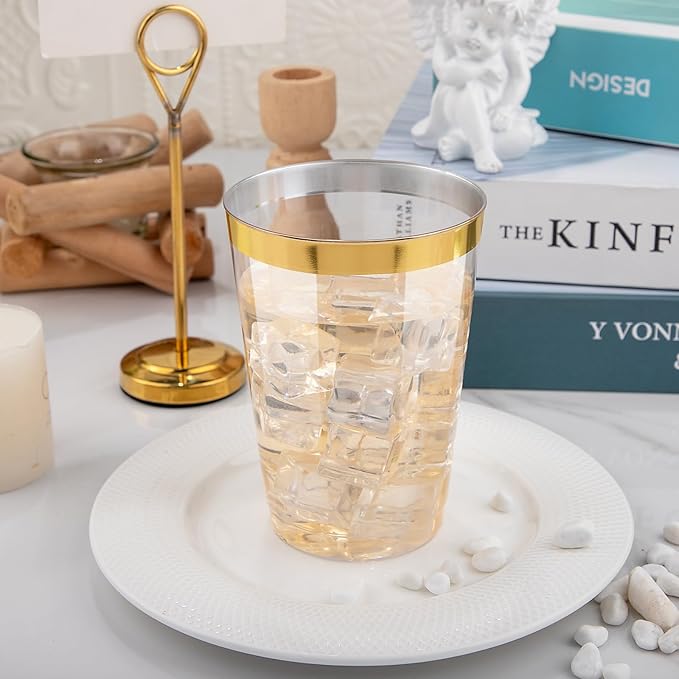 I00000 200 Pack 12 oz Gold Plastic Cups, Clear Disposable Cups, Disposable Plastic Wine Glasses Cocktail Glasses Premium Cups with Gold Rim, 12 Ounce Tumblers for Party & Wedding