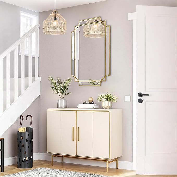 HQiJun 30x20 Inch Gold Bathroom Mirror, Wooden Frame