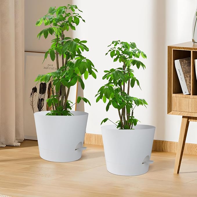 YNNICO 12 Inches Indoor Self Watering Planters with Drainage Holes and Saucers, 4 Pack (White)