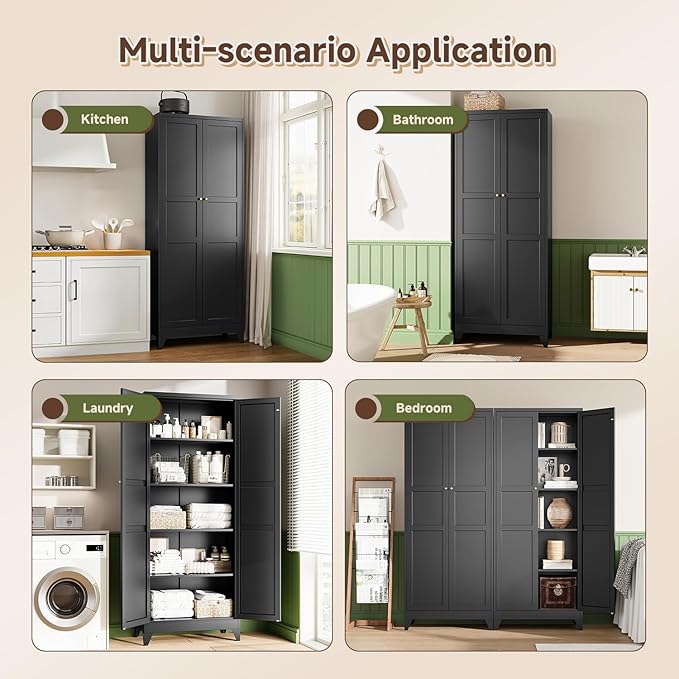 Letaya 75" H Metal Storage Cabinet with 2 Doors and 4 Shelves,Tall Kitchen Pantry Cabinets,Farmhouse Utility Pantry Organizers for Cupboard/Dining/Bathroom/Home Office/Garage Room,Black