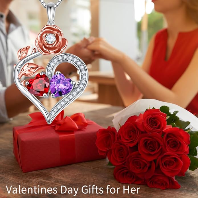 Iefil Rose Heart Birthstone Necklaces for Women - 925 Sterling Silver Double Birthstone Necklace, Anniversary Birthday Gifts for Women, Jewelry Gifts for Wife Her