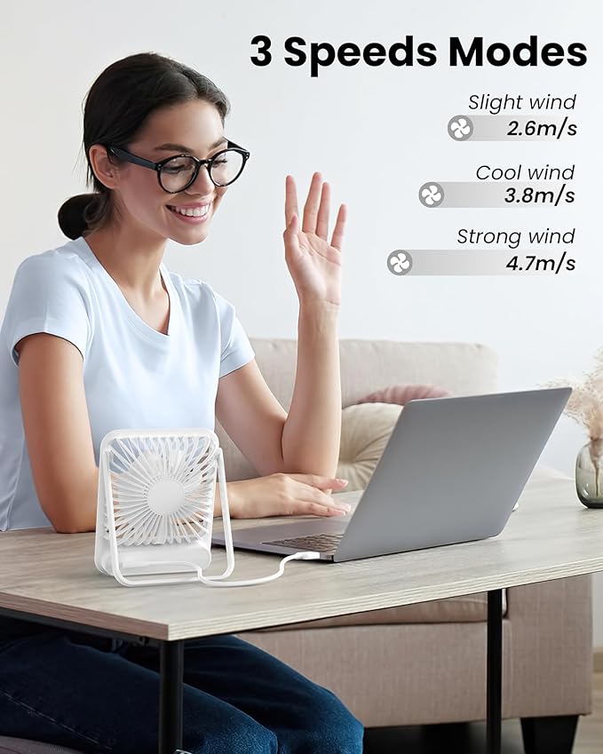 Koonie USB Desk Fan, Strong Wind Ultra Quiet Small Personal Fan with 180° Tilt Folding and 3 Speeds Adjustable, USB-C Corded Powered Mini USB Fan for Office Desktop Bedroom White, NO BATTERY