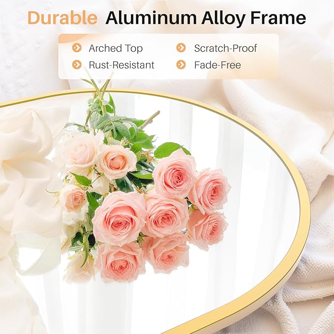 Bathroom Mirror for Wall, 36x24 Inch Arched Mirror, Matte Gold Metal Framed