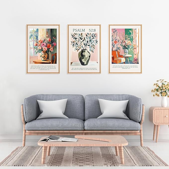 FWIEXA Christian Bible Verse Canvas Wall Art Set, Easter 3 Piece Religious Scripture Framed Wall Decor, Jesus Floral Painting Artwork, 16x24 Inches Modern Biblical Pictures Prints for Living Room, Bedroom, Women, Rustic Farmhouse