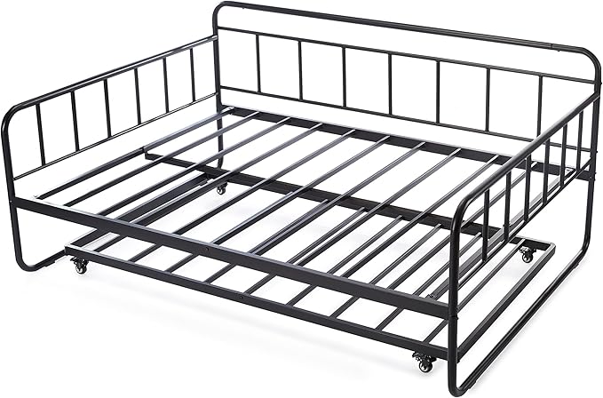 Amazon Basics Full Size Daybed and Twin Size Trundle Bed Frame Set, Space Saving Steel Slat Support, Sturdy Metal Design, Easy Assembly, Black