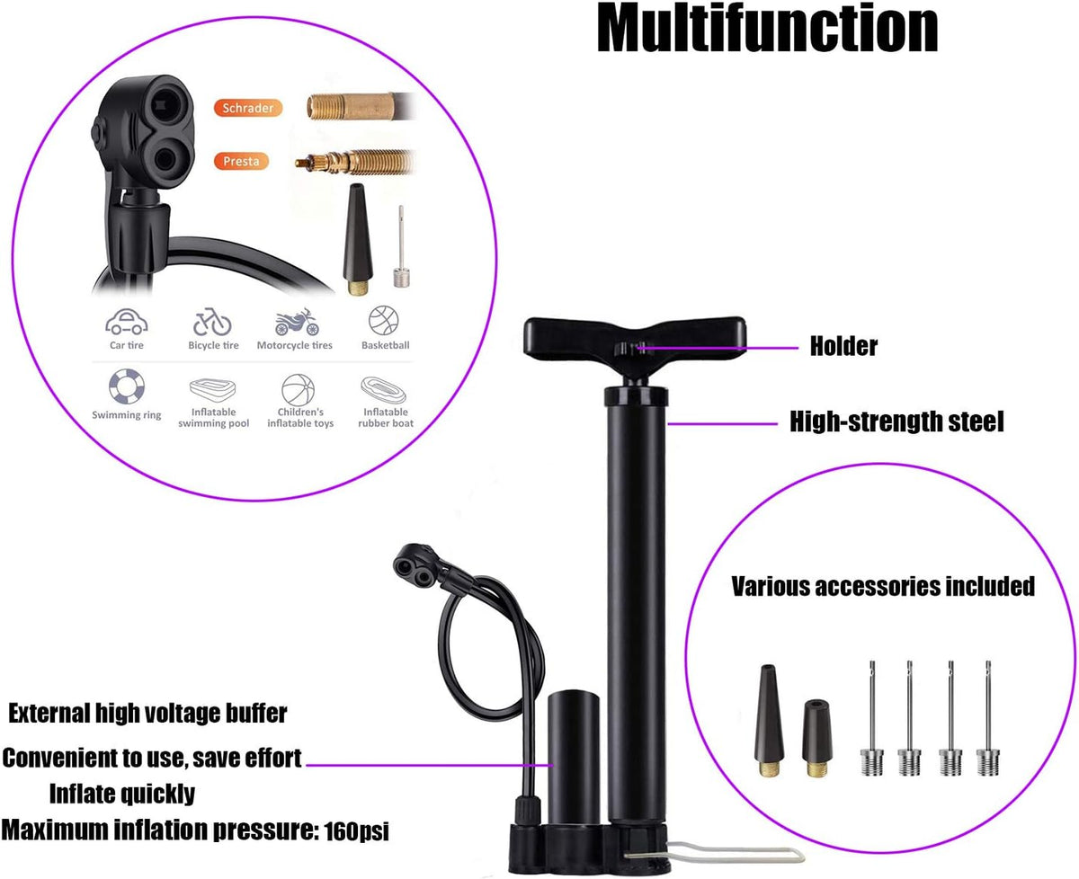 VIMILOLO Bicycle Pump - Portable Floor Pump with Gauge for Presta & Schrader Valves | Ideal for Bikes & Balls
