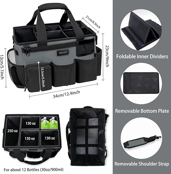Wearable Cleaning Caddy Bag, Large Cleaning Supply Tote with Adjustable Shoulder and Waist Straps for Housekeepers (Grey)