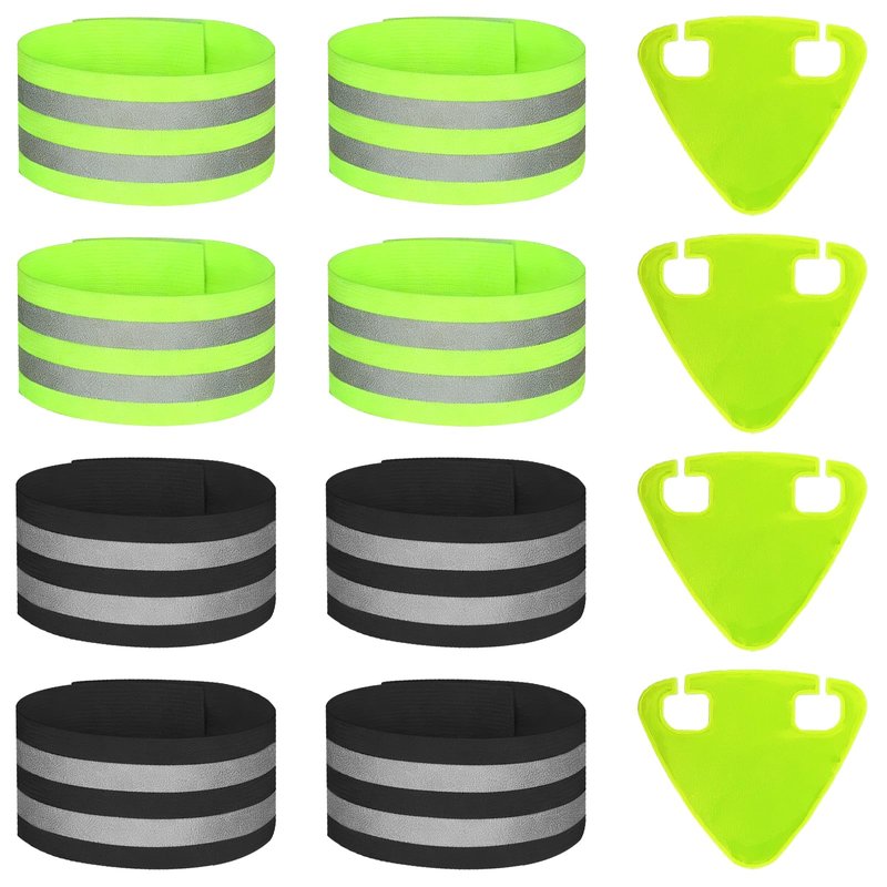 JVNZAM 4 Pairs High Visibility Reflective Bands Wristbands for Cycling Running, with 4 Fluorescent Green reflectors，Arm Wrist Ankle Bands, Leg Straps Safety During Nighttime (Black+Green)