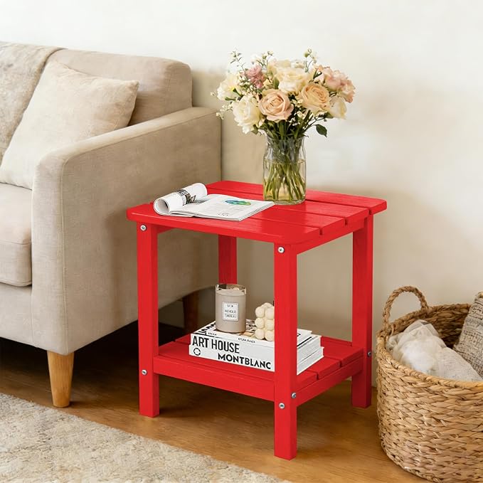 Outdoor Side Table HDPE Small Outdoor End Table Patio Side Tables Square for Backyard Pool Porch Balcony Double Layer Storage, Red (Wood Grain Finish)
