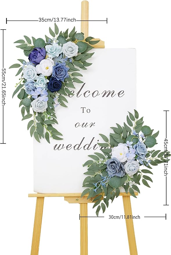 Wedding Welcome Signs Floral(Pack of 2)，Wedding Arch Flowers for Wedding Decorations and Reception Backdrop Decoration（New Blue）