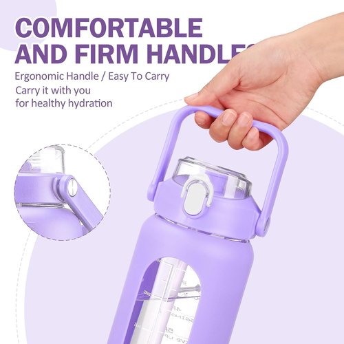 kytffu 42oz Glass Water Bottles with Straw, Motivational Glass Bottle with Silicone Sleeve and Time Marker, Leakproof Large Glass Water Jug for Gym Home Office,Purple