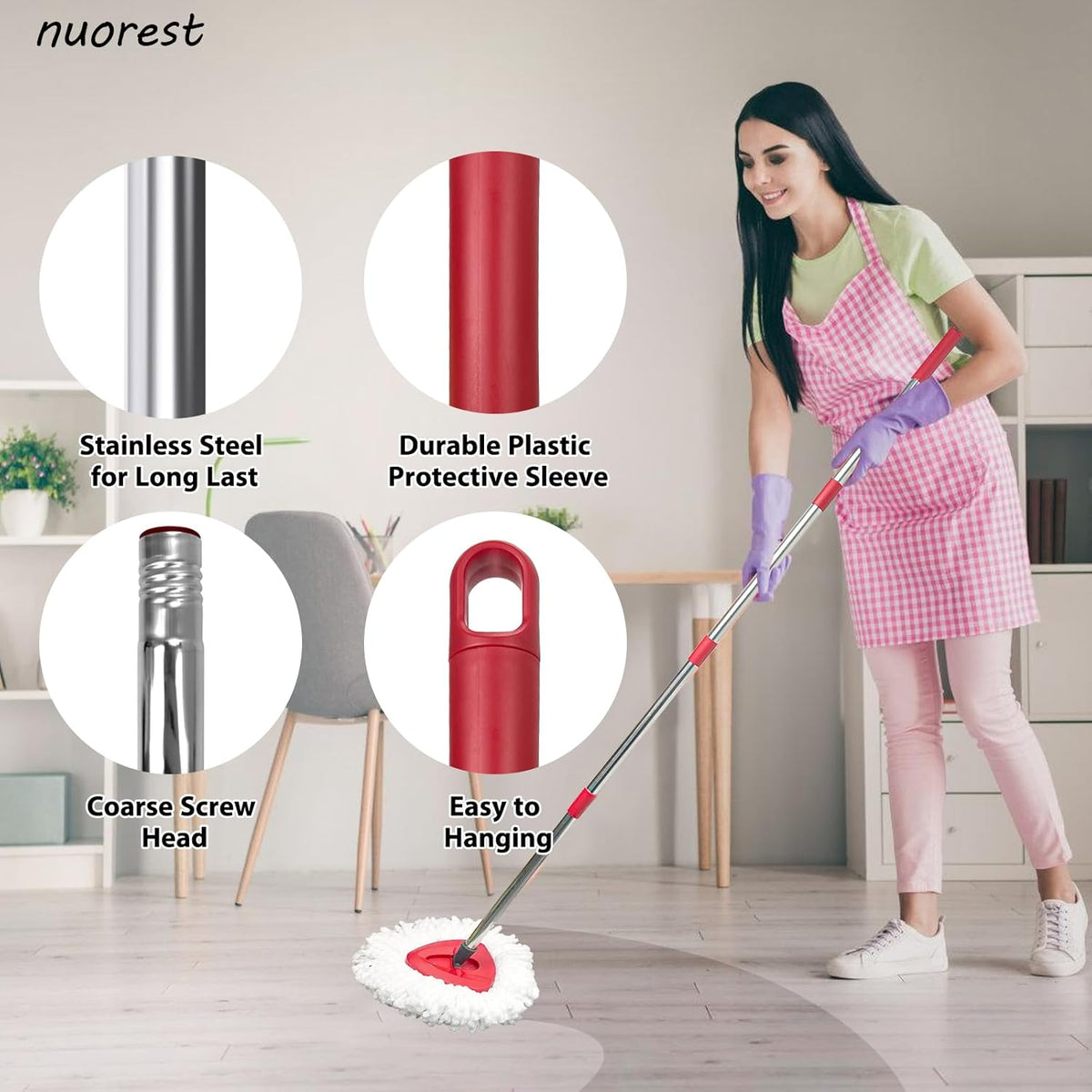 Spin Mop Replacement Set for O-Ceda EasyWring 1-Tank System, Includes 2 Mop Head Replacement, 1 Mop Handle (30-58in Adjustable 4-Section Pole), 1 Scrubber Head, 1 Spin Base