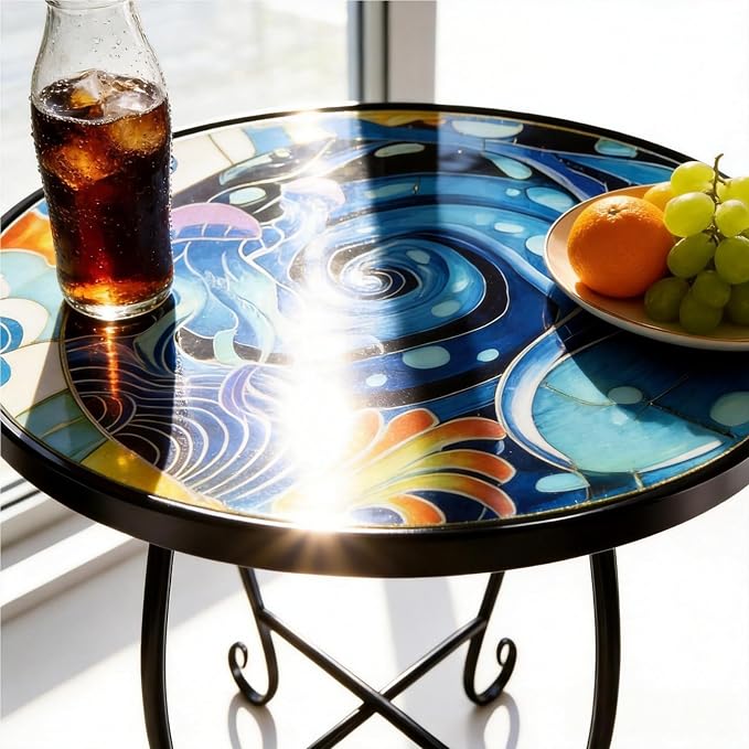 15 Inch Jellyfish Mosaic Side Table (1 PC) - Small Outdoor Round Folding Table with Weather-Resistant Metal Frame, Coastal Accent End Table for Patio, Garden, Balcony, Backyard