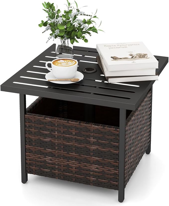 Giantex Outdoor Side Table with Umbrella Hole, 22" Wicker Umbrella Stand Holder and Base, Weather-Resistant PE Rattan Patio End Table for Deck Garden Poolside, Mix Brown (Metal Tabletop)