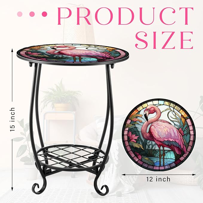 Cinnvoice Outdoor Side Table Round Small Mosaic Patio Accent Indoor End Plant Coffee Tea Table for Yard Patio Porch Garden Living Room, Bedroom(Flamingo Style,12 Inch)