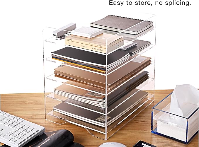 Acrylic Paper Letter Tray Organizer, 5 Tiers, Transparent, Modern, Rectangular, Stackable, Office
