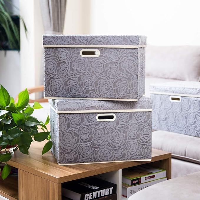 PRANDOM Large Storage Boxes with Lids [3-Pack] Fabric Decorative Storage Bins Cubes Organizer Containers Baskets with Handles for Closet Grey 17.7x11.8x11.8 In For 6+ Year Old Boys and Girls