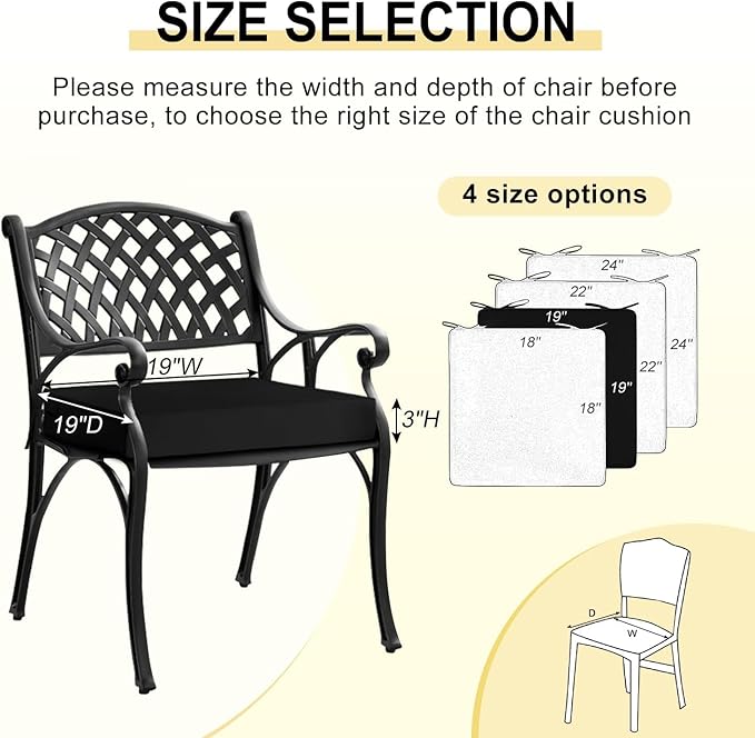 downluxe Waterproof Outdoor Chair Cushions Set of 4, 19" x 19" x 3" Patio Chair Cushion with Non-Slip Ties & Handle, Square Outdoor Cushion for Patio Furniture with Removable Cover, Black