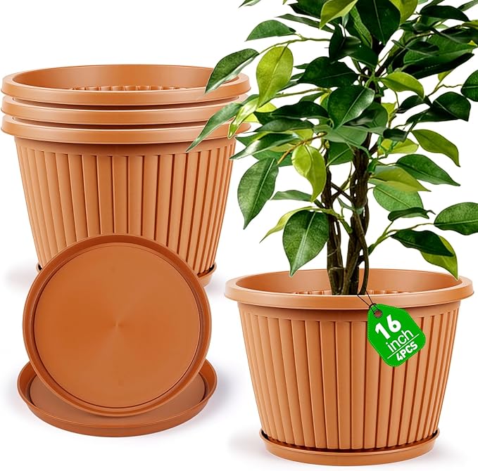 Large-Planter-Indoor-Outdoor Plant Pots, 16 inch 4 Pack Plastic Flower Pots with Saucer And Drainage Holes, Modern Garden Planters For Planting Medium Large Plants, Decorative Resin Garden Pots