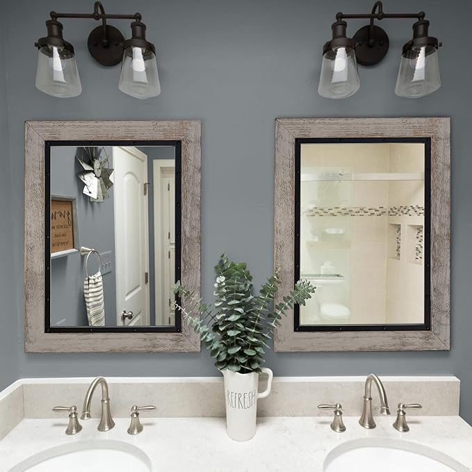 YOSHOOT Rustic Wooden Framed Wall Mirror, Natural Wood and Iron Bathroom Vanity