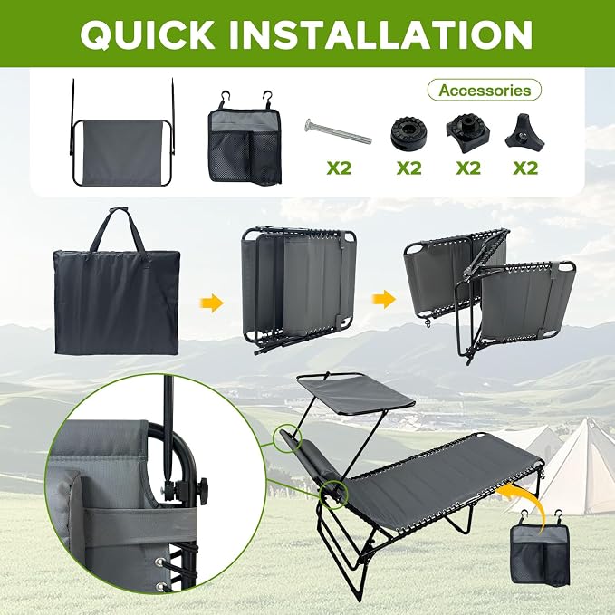 Outdoor Folding Lounge Chair with Removable Canopy & Pillow, Padded Reclining Chaise Lounge Chair 5-Position Heavy Duty Beach Chair for Patio, Beach, Pool, Camping