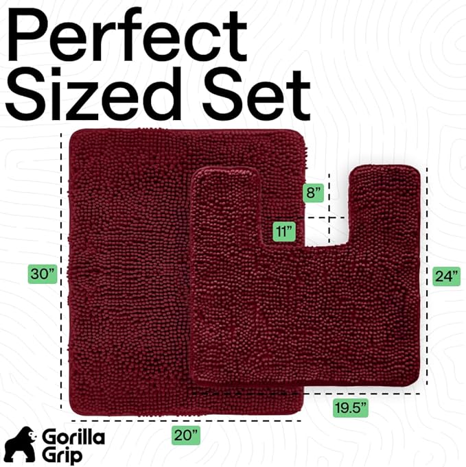 GORILLA GRIP Bathroom Rug Sets, Soft Chenille 2 Piece Area Rugs Set, Toilet Base Mat and 30x20 Carpet, Absorbent Microfiber Washable Mats Dry Quickly, Home Décor and Bath Room Accessories, Burgundy