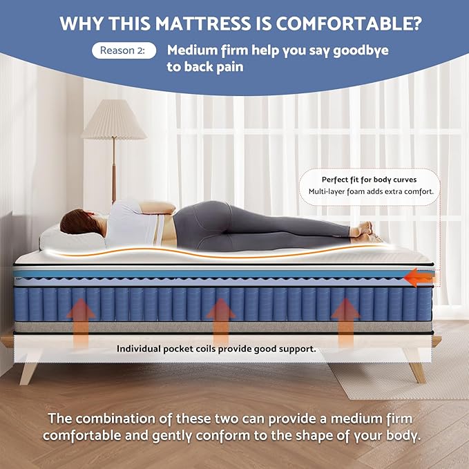 Queen Size Mattress, 12 Inch Hybrid Pillow Top Queen Mattresses in a Box with Gel Memory Foam & Individually Pocket Coils, Medium Firm Mattress for Back Pain, Pressure Relief