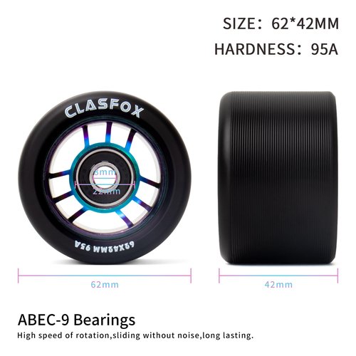 CLAS FOX 95A Speed/Derby Wheels Aluminum Roller Skate Wheels Indoor Roller Replacement Wheel (Set of 8)(Black PU Rainbow Core）