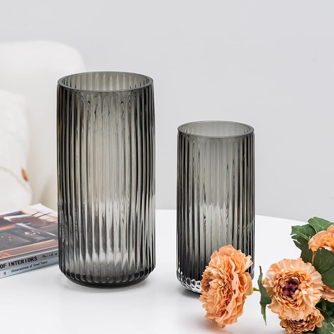 Flower Vase 9.5 inch Grey Thickened Hand Blow Glass Vase Round Vintage Striped Bottles for Bookshelf,Dinner Table,Indoor Office Desktop,Meeting Room,Bathroom,Countertop,Home