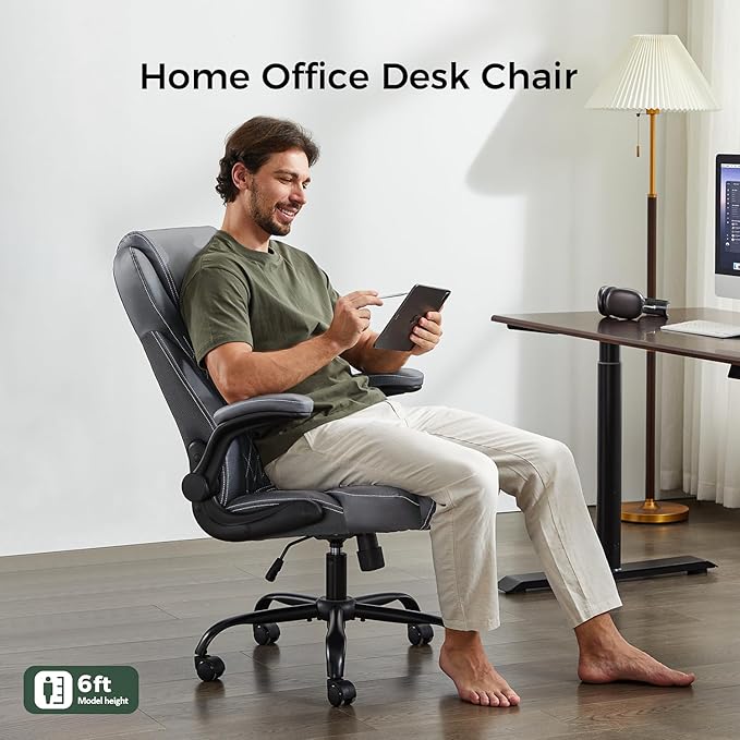 Office Chair, Executive PU Leather Chair Home Office Desk Chairs, Ergonomic Computer Desk Chair with Adjustable Flip-Up Arms, Lumbar Support Swivel Task Chair with Rocking Function (Gray)