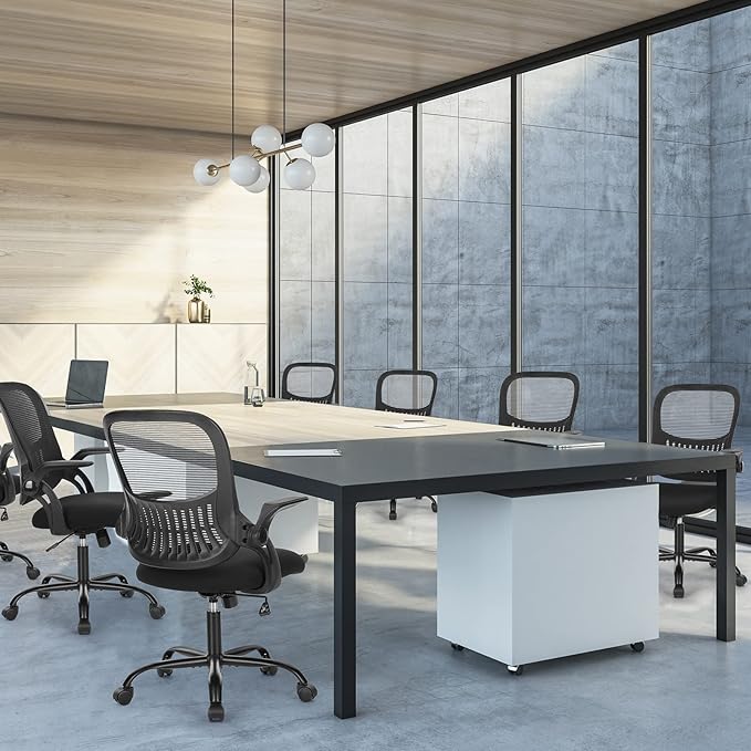 Sweetcrispy Office Computer Desk Chair, Ergonomic Mid-Back Mesh Rolling Work Swivel Task Chairs with Wheels, Comfortable Lumbar Support, Comfy Flip-up Arms for Home, Bedroom, Study, Student, Black