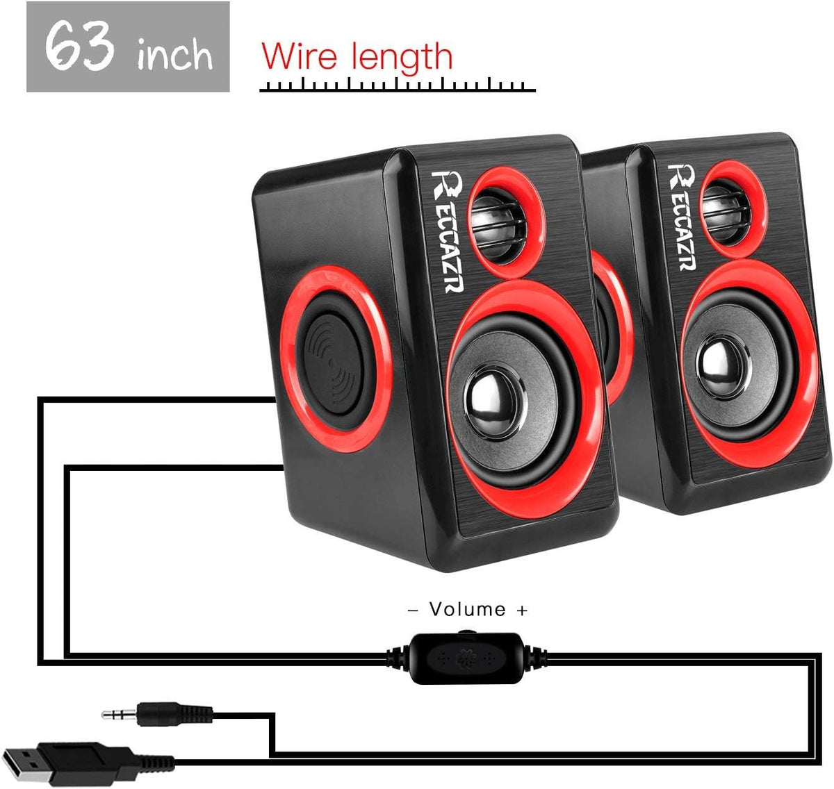 Reccazr SP2040 Computer Speakers - 2.0 CH USB Wired with Deep Bass for Desktop & Laptops | Red