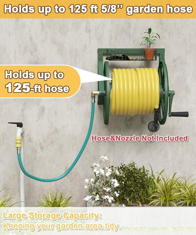 Artigarden Triangle Wall Mounted Garden Hose Reel, Outdoor Heavy-Duty Water Hoses Holder Winder, Holds 125 Ft of 5/8-Inch Hose, with 3.9 ft Leader Hose, Brass Fitting, Storage Basket for Yard, Green