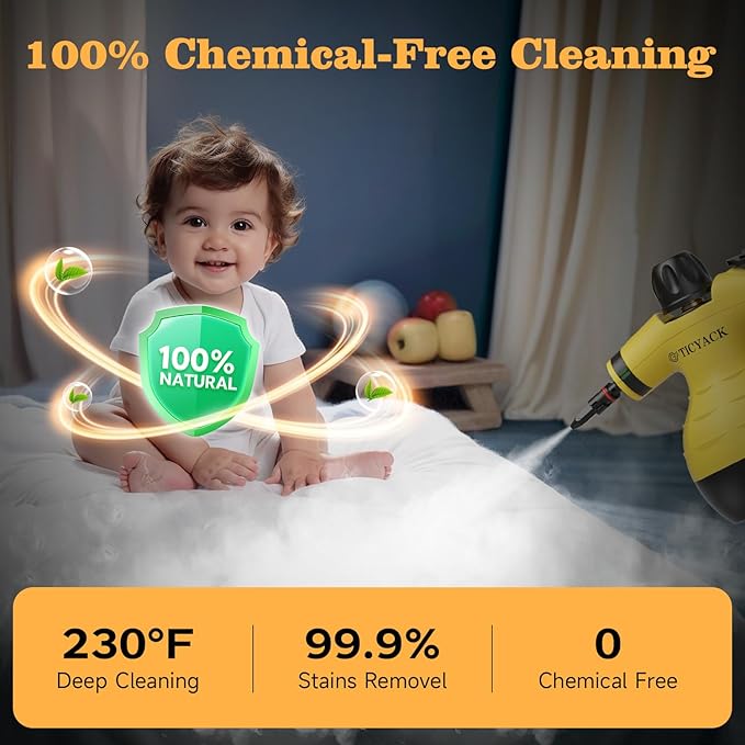 Steam Cleaner, Handheld Steam Cleaner for Home, 16-Piece Steam Cleaner Kit with Automatic Steam Switch, Steamer for Kitchen, Bathroom, Car, Living Room and Multi-Surface Deep Cleaning (Yellow)