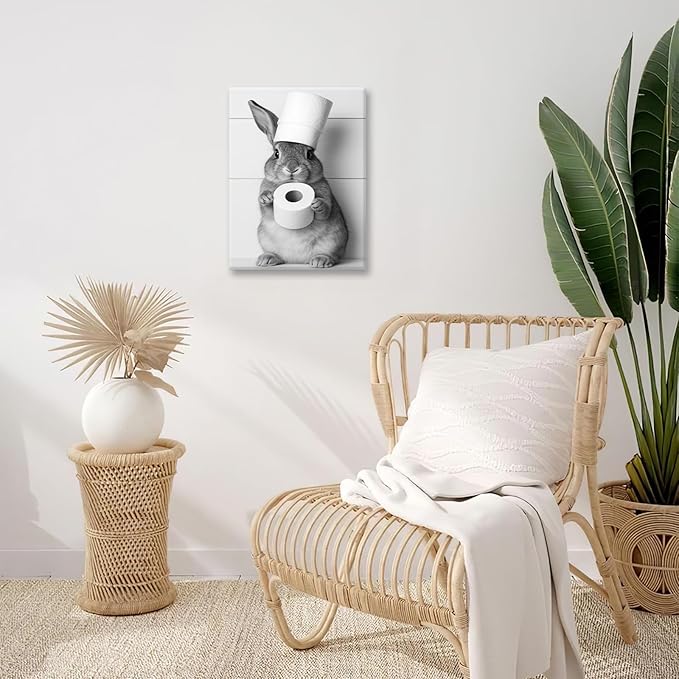 Bunny Bathroom Wall Art, Rabbit Pictures Wall Decor, Animal Canvas Prints Painting, Framed Artwork For Bathroom Living Room Bedroom Office Dining Room 16"X12"
