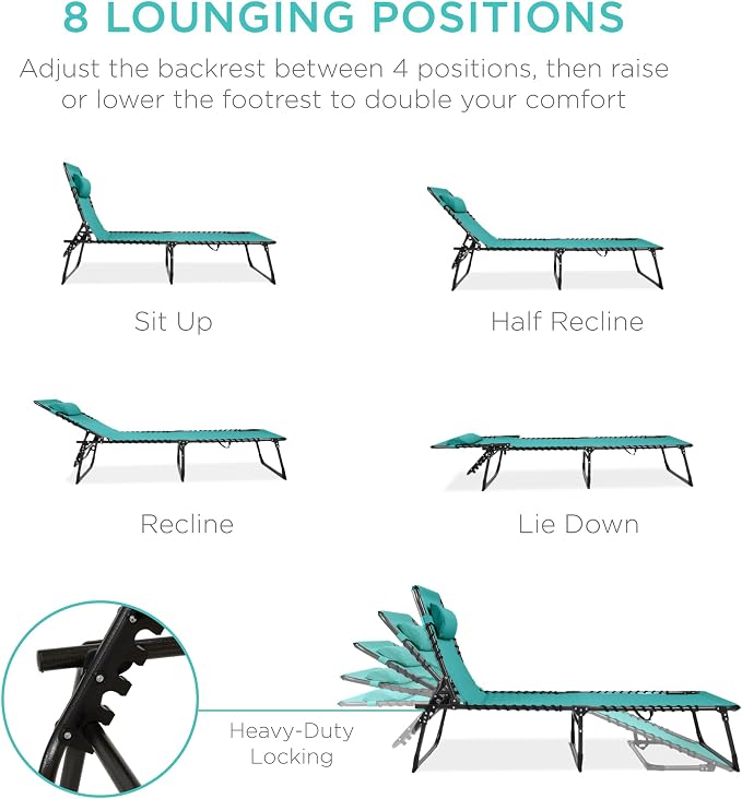 Best Choice Products Extra Wide Patio Chaise Lounge Chair, Portable Outdoor Folding Recliner for Lawn, w/ 8 Positions, Handles, 440lb Capacity - Teal