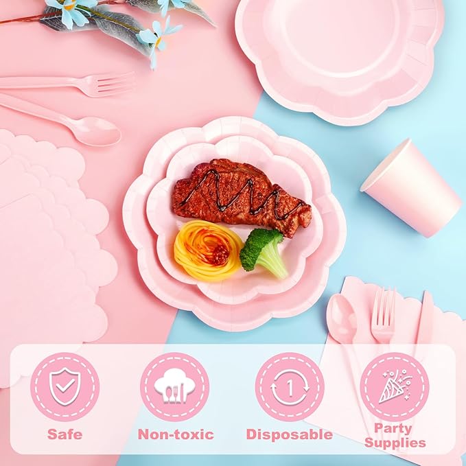 192 Pcs Pink Paper Plates And Napkins Set Party Supplies - For 24 Guests Paper Plates And Napkins Knives Spoons Forks Cups - For Baby Shower Bridal Shower Wedding