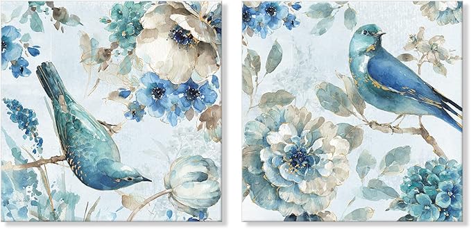 SEVEN WALL ARTS Birds and Flowers Canvas Wall Art 2 Pieces Print Picture Abstract Navy Blue Birds on Blossom Floral Tree Painting Garden Themed Artwork for Bedroom Living Room Office Painting Photo