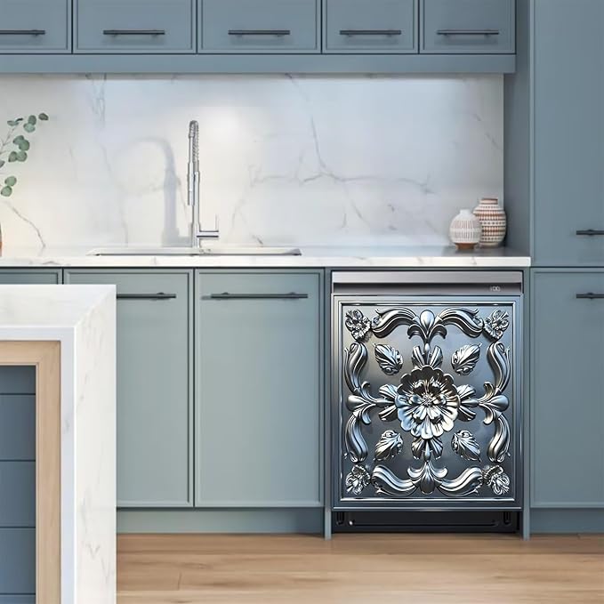 Stainless Steel Flower Pattern Dishwasher Magnetic Cover 3D Effect Decorate Panel Decal for Refrigerator Fridge Magnet Beautiful Flowers Magnets for Kitchen Home 23"x26"