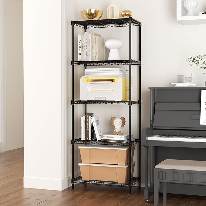 5 Tier Adjustable Storage Shelves Heavy Duty Metal Utility Shelf 750LBS Capacity Wire Shelving Unit Organizer Rack for Home Kitchen Office Bathroom Pantry Room 12" D x 22" W x 59" H Black