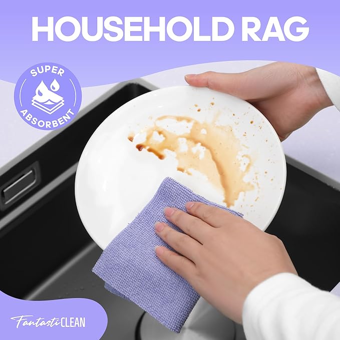 Fantasticlean Microfiber Cleaning Cloth Roll -60 Pack, Tear Away Paperless Towels, 8" x 8", Reusable Washable Rags, for House Kitchen, Pet, Office, Indoor Outdoor, Compact and Portable (Light-Purple)