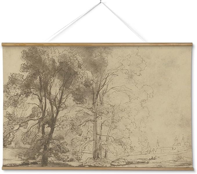 ARPEOTCY Extra Large Vintage Framed Wall Art, 36x54 Inch Two Sketch Trees Landscape Hanging Canvas Prints, Scroll Wall Art Decor for Living Room Bedroom, Retro Scenery Pictures Above of Bed