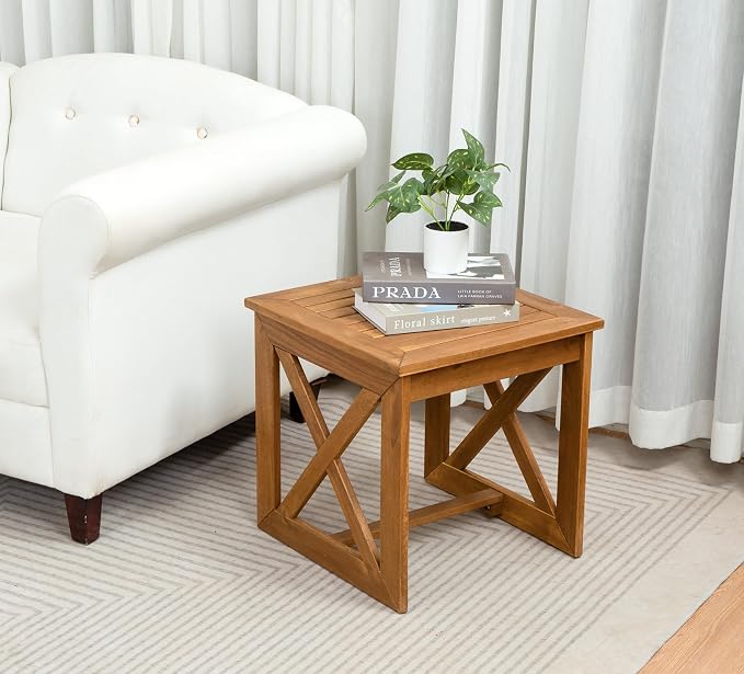 ARROWSTONE 100% Acacia Wood Small Table, Side Table for Indoor & Outdoor Space, Patio, Poolside, Garden, Living Room (X-braced Style)
