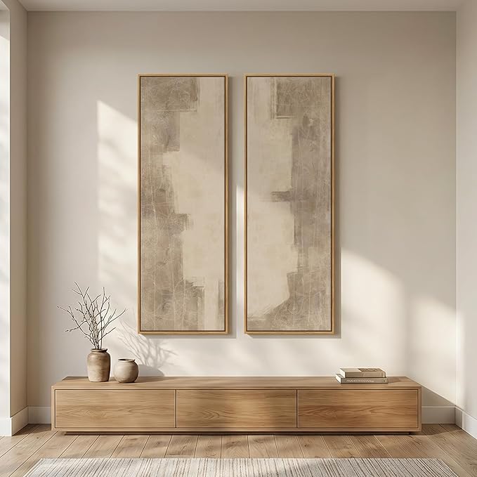 Long Narrow Framed Neutral Abstract Vertical Wall Art Set of 2, Oversized