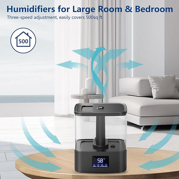 KZF 6L Top Fill Humidifiers for Bedroom & 60H Runtime - Cool Mist Humidifier, 3 Mist Levels, 8H Timer, Essential Oil Tray, Humidity Display, Quiet for Bedroom, Baby, Plants, Large Room
