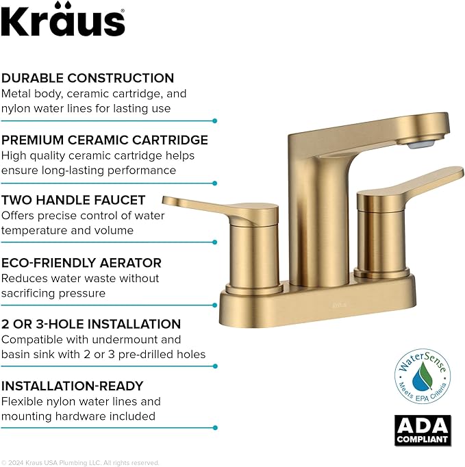 KRAUS Indy Centerset Bathroom Faucet in Spot-Free Brushed Brass with 2 Handles, Pop Up Drain and Supply Lines, FUS-14102SFBB