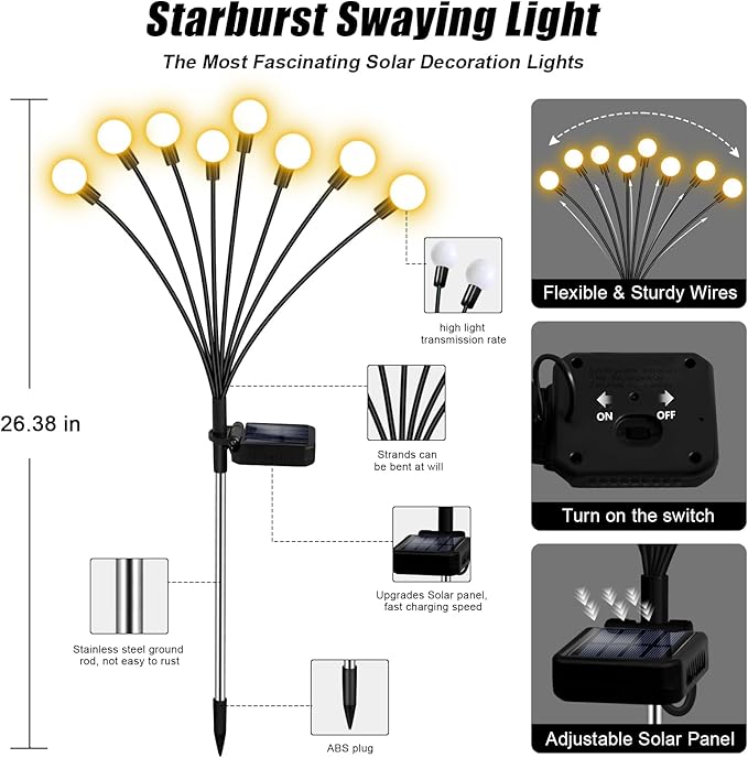 NBQQ Solar Garden Lights,Solar Firefly Lights,Solar Lights Outdoor Decorative,Sway by Wind, High Flexibility Iron Wire & Heavy Bulb Base,Yard Patio Pathway Lawn(Warm White, 8 Pack)