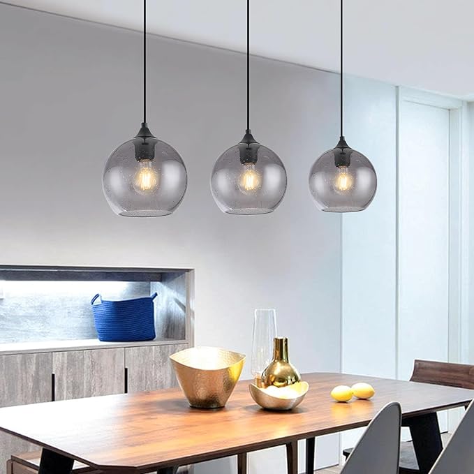 Gray Glass Pendant Lights Kitchen Island Lighting Globe Pendant Light Fixtures Modern Pendant Lighting for Kitchen Island Bedroom Living Dining Room Light Fixture-7.8in,2Pack
