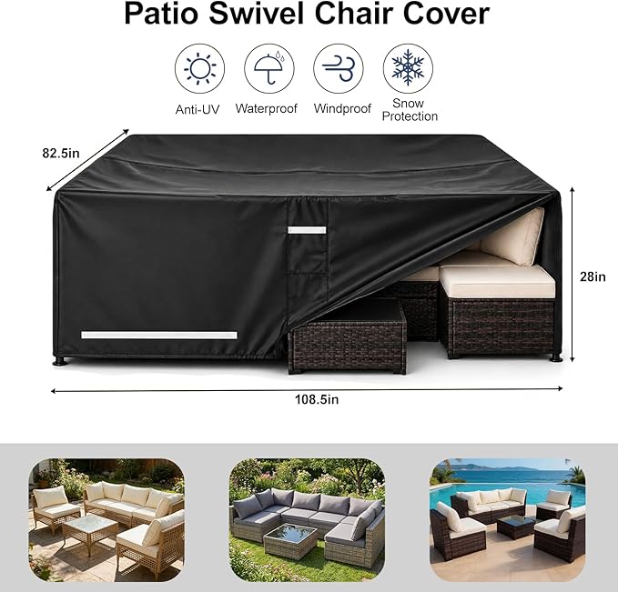 Rectangular Outdoor Furniture Covers Waterproof, 108.5" x 82.5" x 28" Heavy Duty Patio Furniture Covers, 100% Waterproof Outdoor Couch Covers, Lawn Patio Sofa Cover with Reflective Strip and Air Vent