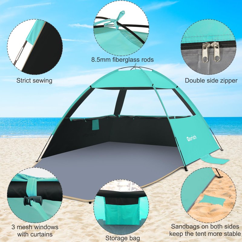 Gorich Beach Tent Sun Shelter for 3/4/6/8/10 Person with UPF 50＋ UV Protection, Lightweight & Easy Setup Beach Shade Canopy, Portable Beach Shade Tent Beach Cabana